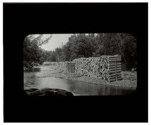 black and white photograph of a pile of lumber near a river