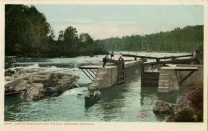 image of a postcard of the state dam and lock on the Saranac River