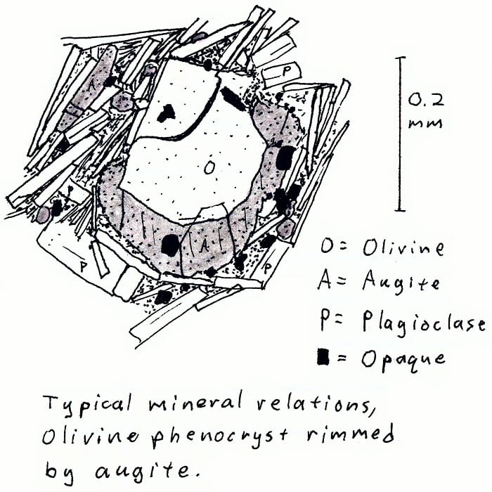 Typical mineral relations, olivine phenocryst rimmed by augite.