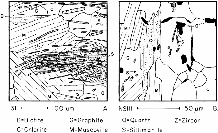 Fibrolite textures in thin section. a) Littleton Formation. A large bundle of sillimanite rods and fibers partially replaced by fine-grained muscovite, characteristic of sillimanite in zone Rl. b) An example of sillimanite in zones R2 to R4, where it occurs only as tiny rods within single quartz crystals.