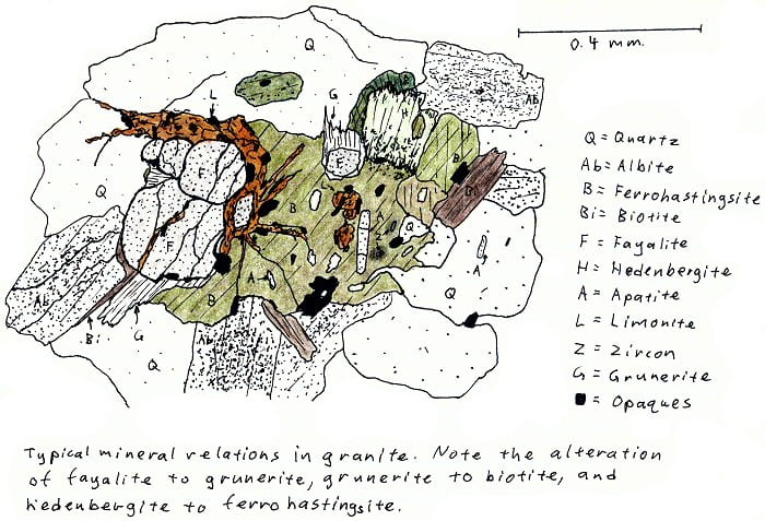 Typical mineral relations in granite. Note the alteration of fayalite to grunerite, grunerite to biotite, and hedenbergite to ferrohastingsite.