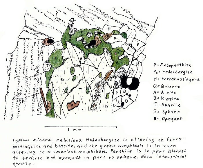 Typical mineral relations. Hedenbergite is altering to ferrohastingsite and biotite, and the hedenbergite is in turn altering to a colorless amphibole. Perthite is in part altered to sericite, and opaques in part to sphene. Note interstitial quartz.