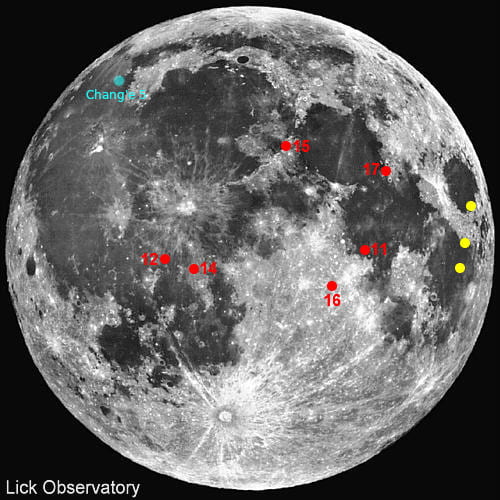Full moon, showing locations of sample return missions.