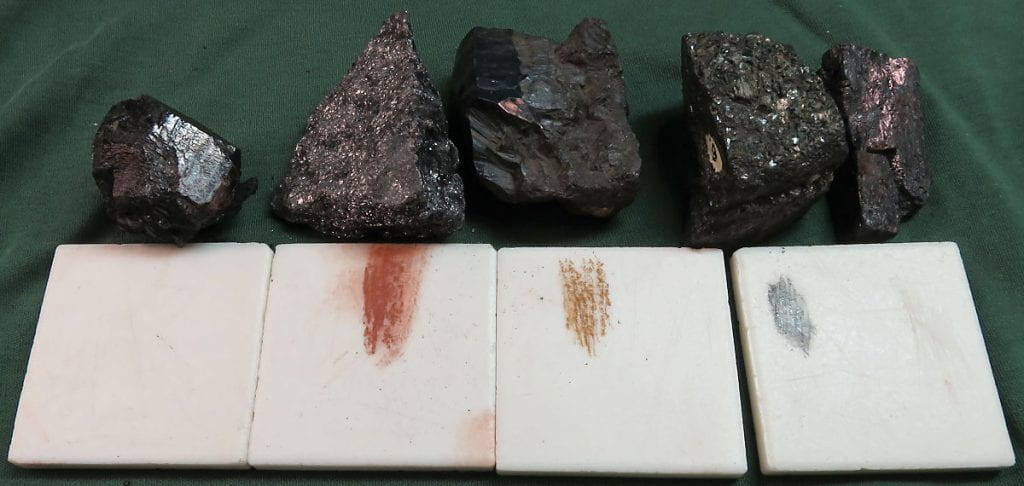 Streak color of tourmaline, hematite, limonite, magnetite, hornblende